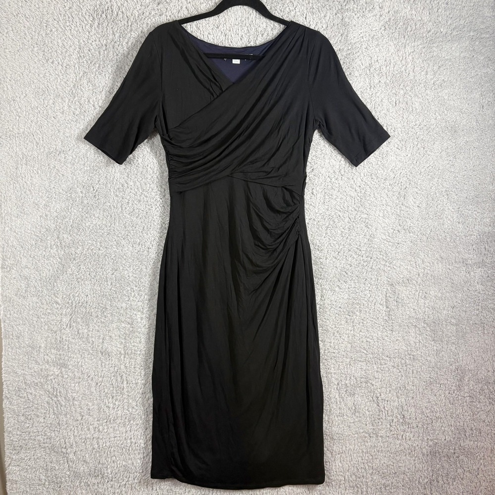 Boden Rita Ruched Tencel Dress Size 10 Long Black‎ Surplice Neck 3/4 Sleeves